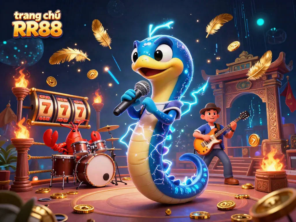 Experience the excitement of trang chủ RR88 with a vibrant underwater casino scene featuring a DJ eel and band.