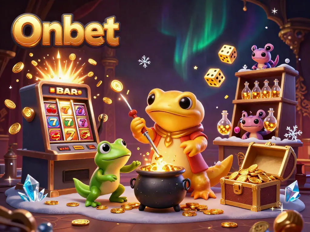Experience the thrill of Onbet's casino world with golden treasures and exciting games in a vibrant 3D scene.