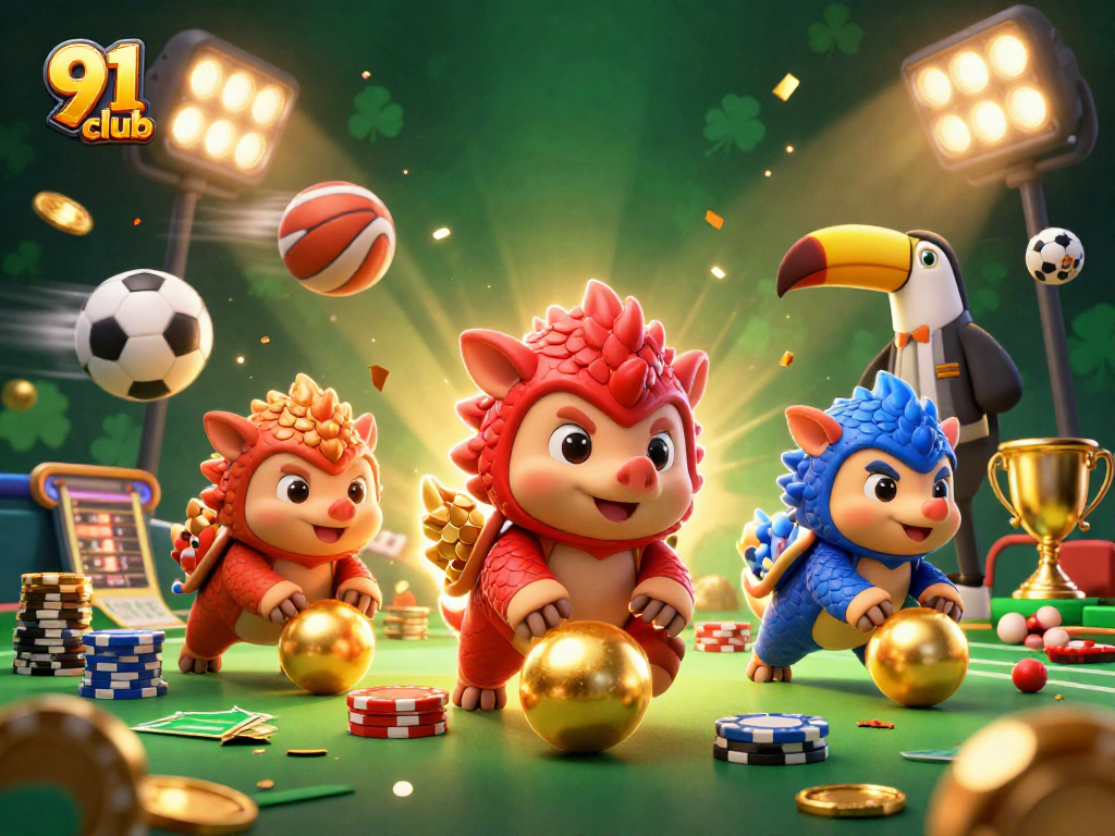 Engage in thrilling predictions at 91 club, where rival pangolins compete amidst vibrant sports elements.