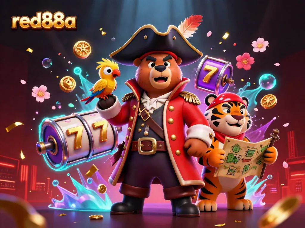 Experience thrilling gaming action with red88a's pirate-themed scene featuring vibrant characters and casino elements.