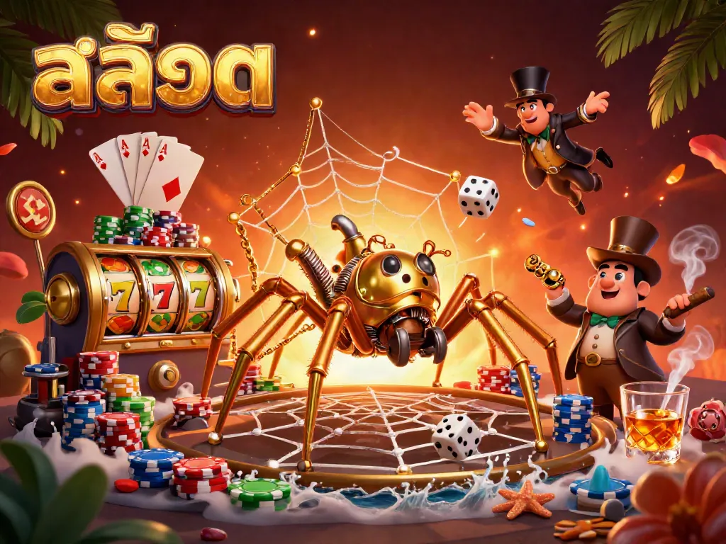 Catch the excitement of สล็อต with a golden spider webbing fate while surrounded by vibrant casino elements.