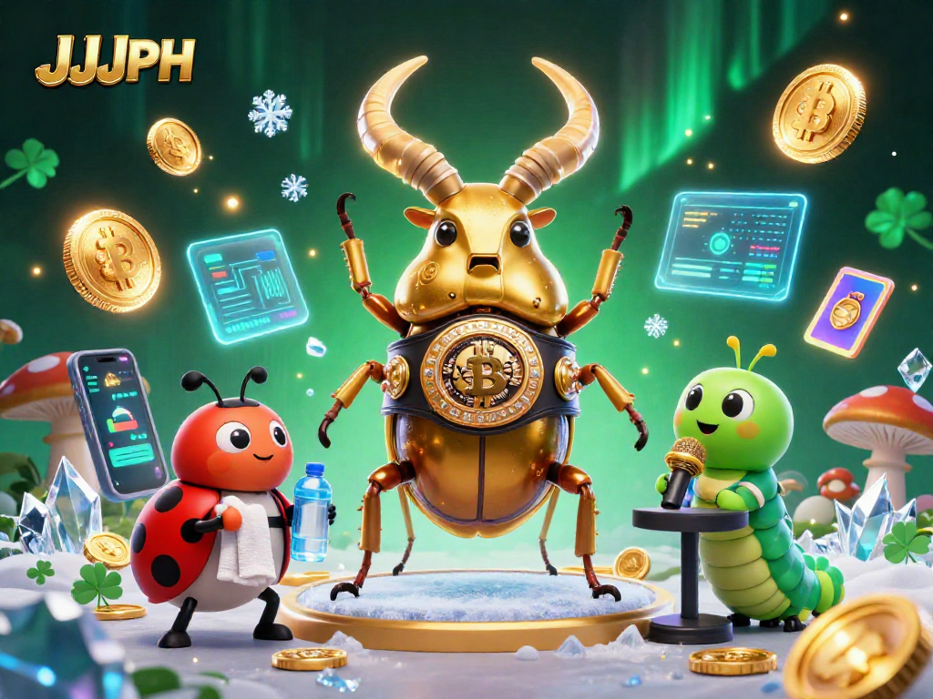 JJJPH presents a vibrant 3D scene with a golden stag beetle and betting elements.