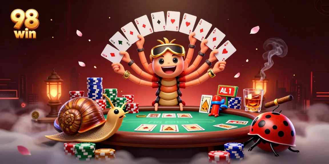 Engage in thrilling gameplay at 98 win with a vibrant casino scene featuring colorful poker tables and dynamic characters.