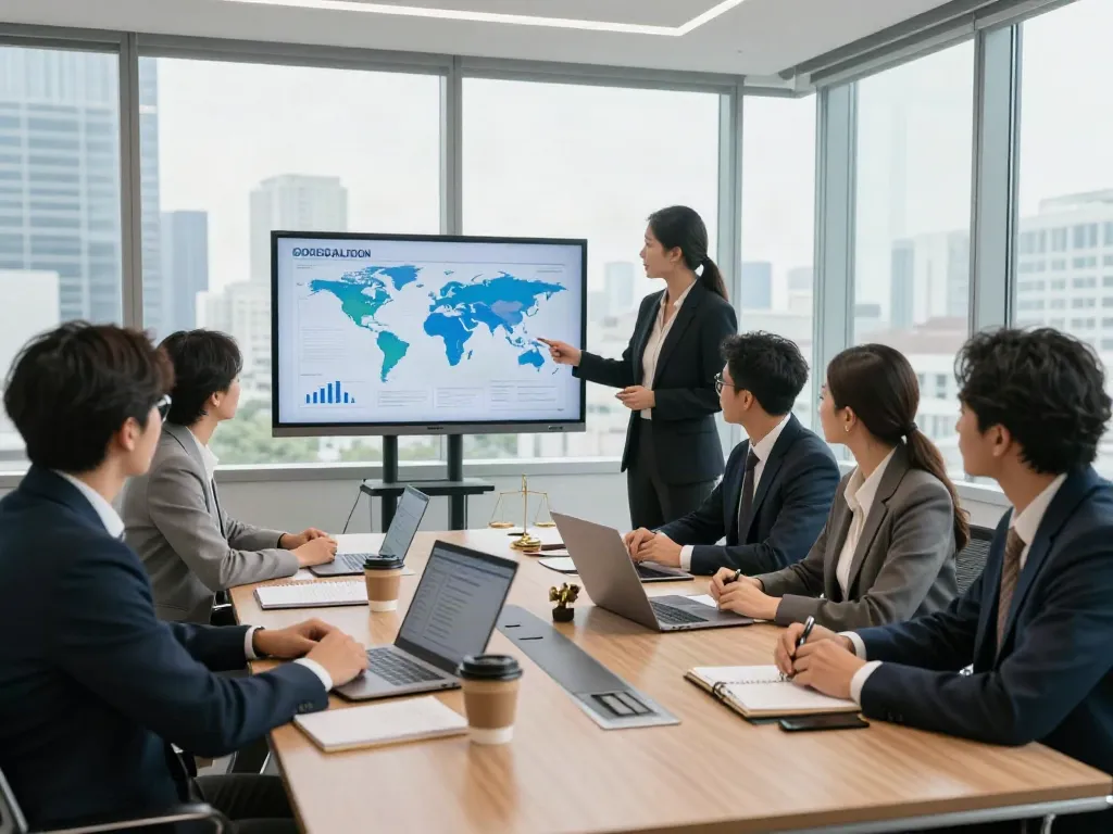 Lead Roedl team collaborating in a modern legal office conference room, showcasing strategic discussions and international legal expertise.