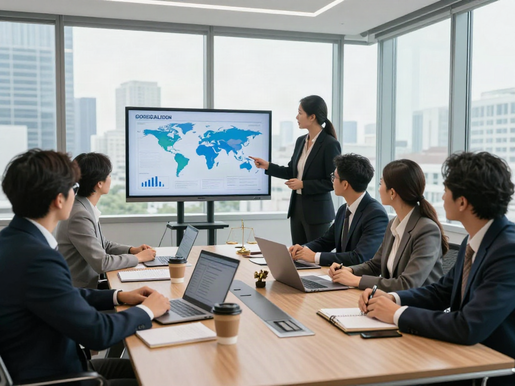 Lead Roedl team collaborating in a modern legal office conference room, showcasing strategic discussions and international legal expertise.