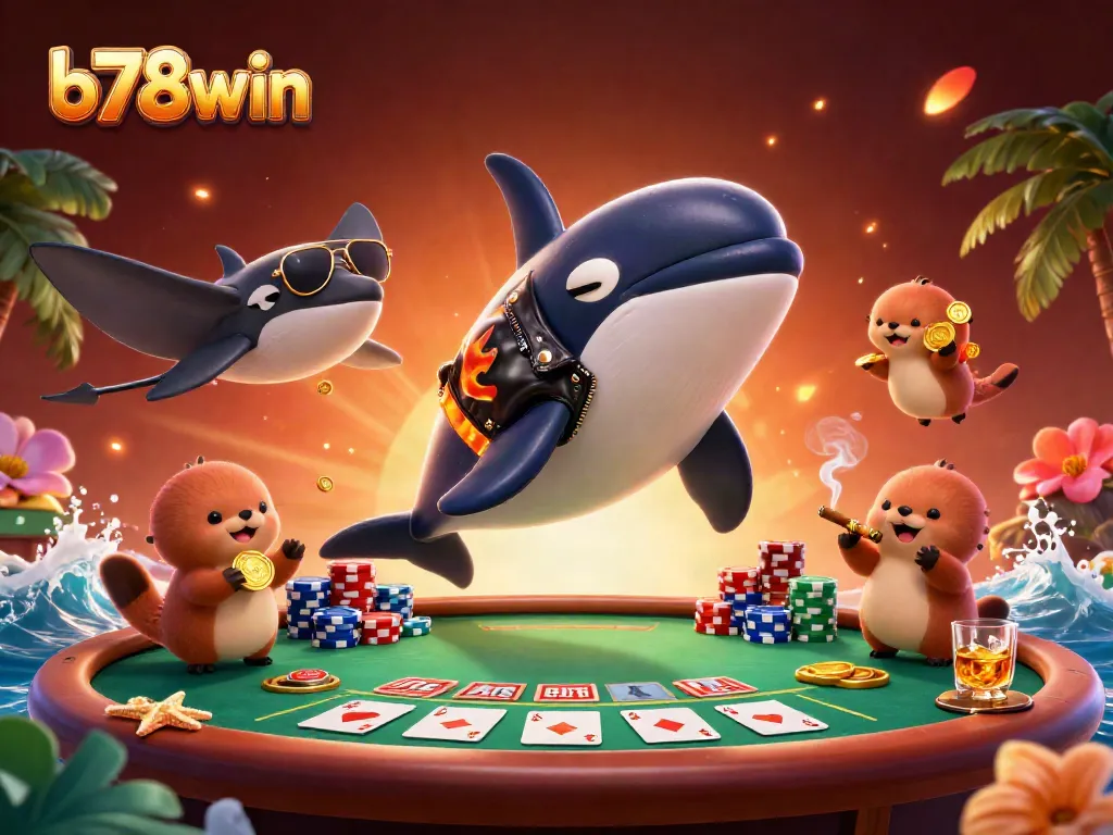 Engage in thrilling gameplay with b78win while sea creatures celebrate big wins with poker elements.