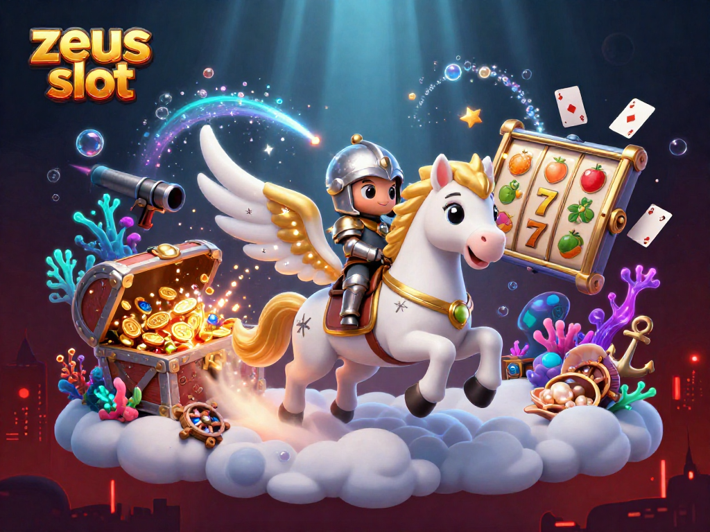 Mainkan zeus slot dengan karakter unik dan elemen jackpot yang menarik dalam ilustrasi 3D.