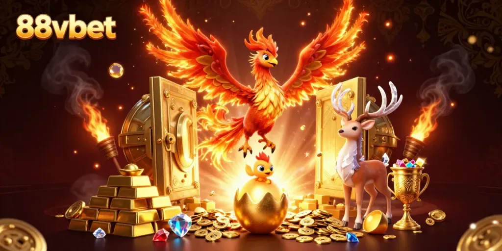 Experience excitement at 88vbet with vibrant casino elements and a fantastical phoenix scene.