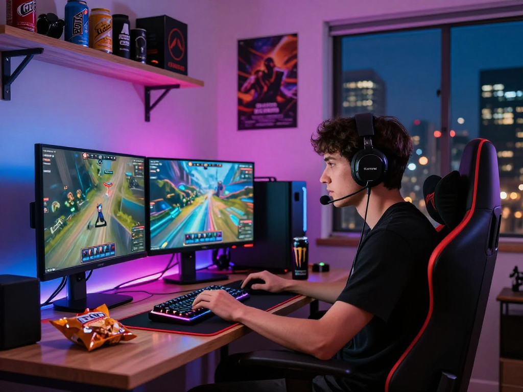 Gamer menggunakan bos88 link di ruang kerja modern dengan suasana energik
