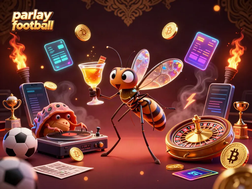 Engage with parlay football in a vibrant 3D casino scene featuring a whimsical mascot and dazzling elements.