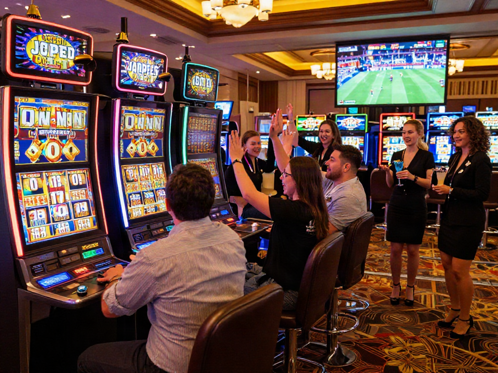 Group celebrating a win at bandar slot machines in a vibrant casino.