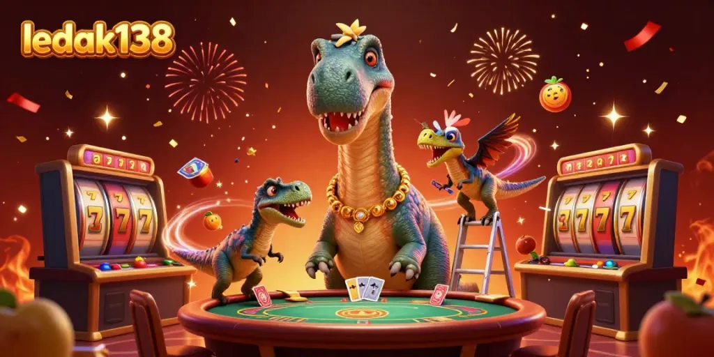 Permainan seru berwarna cerah di LEDAK138 dengan tema kasino dan karakter dinosaur.