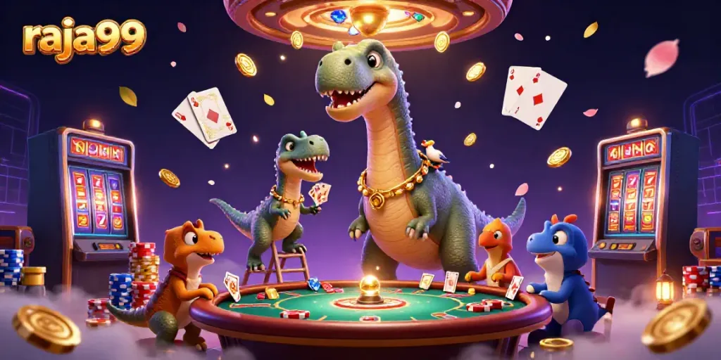 Experience raja99 excitement with an illustrated casino scene featuring vibrant characters and game elements.