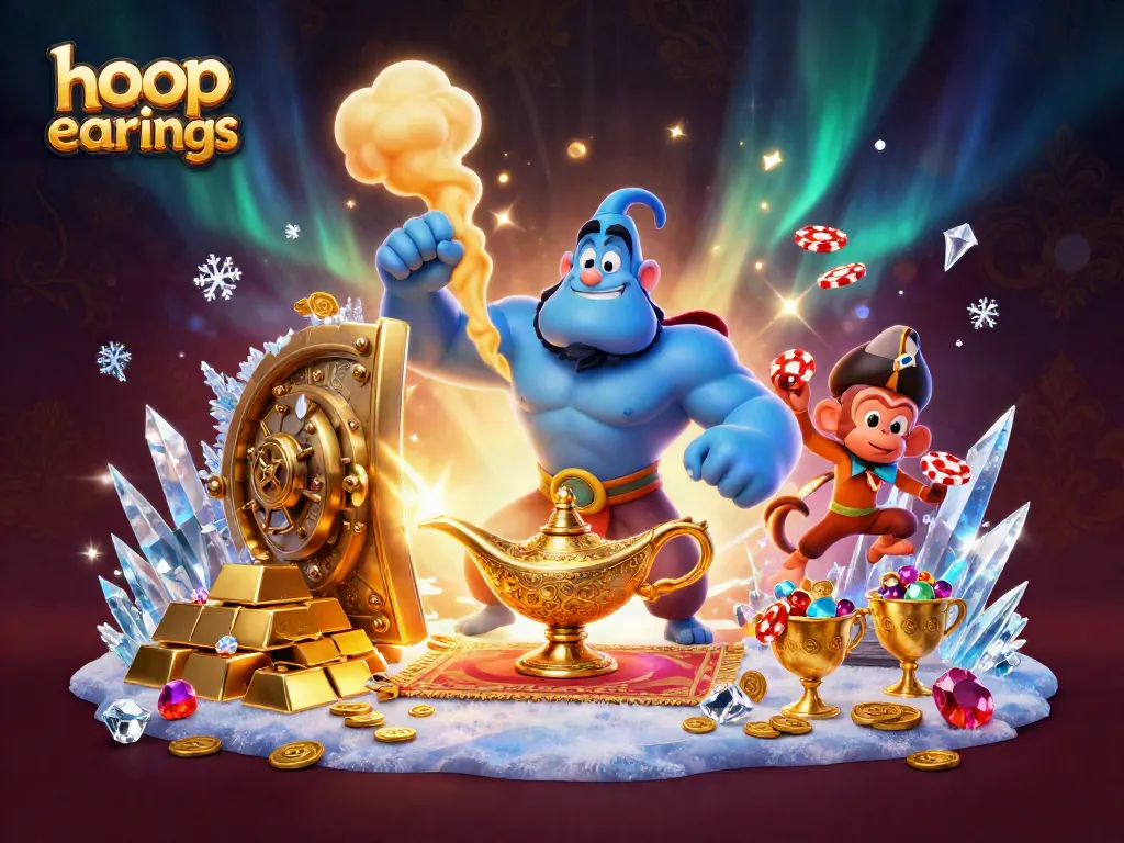 Bet on stylish hoop earrings with a captivating genie scene and treasures bursting with excitement.