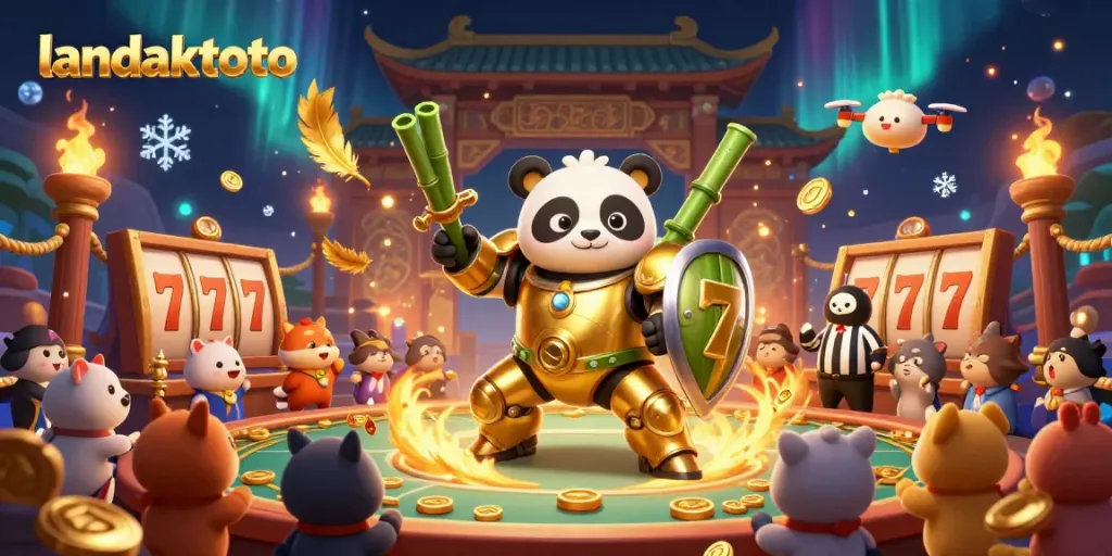 Merayakan kemenangan di platform landaktoto dengan panda emas dan robot unik dalam arena judi.