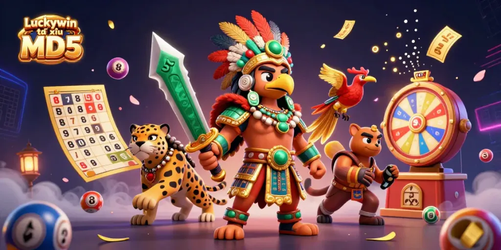 Engage with Luckywin tài xỉu MD5 in this vibrant 3D casino-themed illustration of warriors and lottery elements.