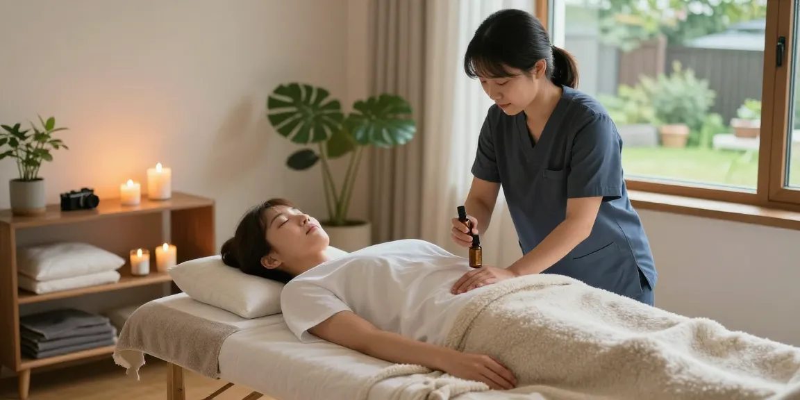 Professional providing 강동구출장안마 service in a serene living room, focusing on relaxation and comfort.