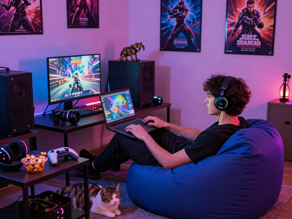 Exciting gaming lounge feature with vibrant gaming atmosphere, showcasing porngames being played on a laptop.