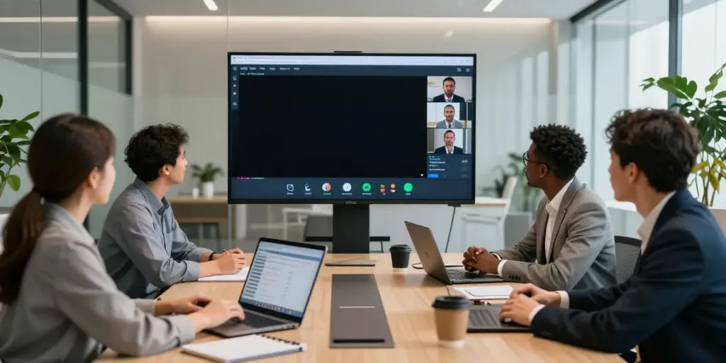 Dynamic professional setting showcasing deepfake free meetings with collaborative team using advanced detection technology.