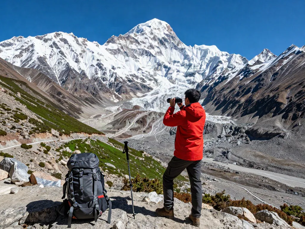 Hiker on Manaslu Circuit standing at Larkya La Pass with breathtaking mountain views.