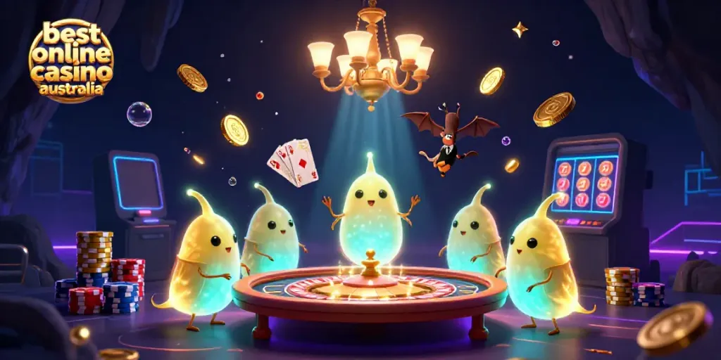 Glowworms brighten a cave casino scene illustrating the best online casino Australia with dynamic game action.