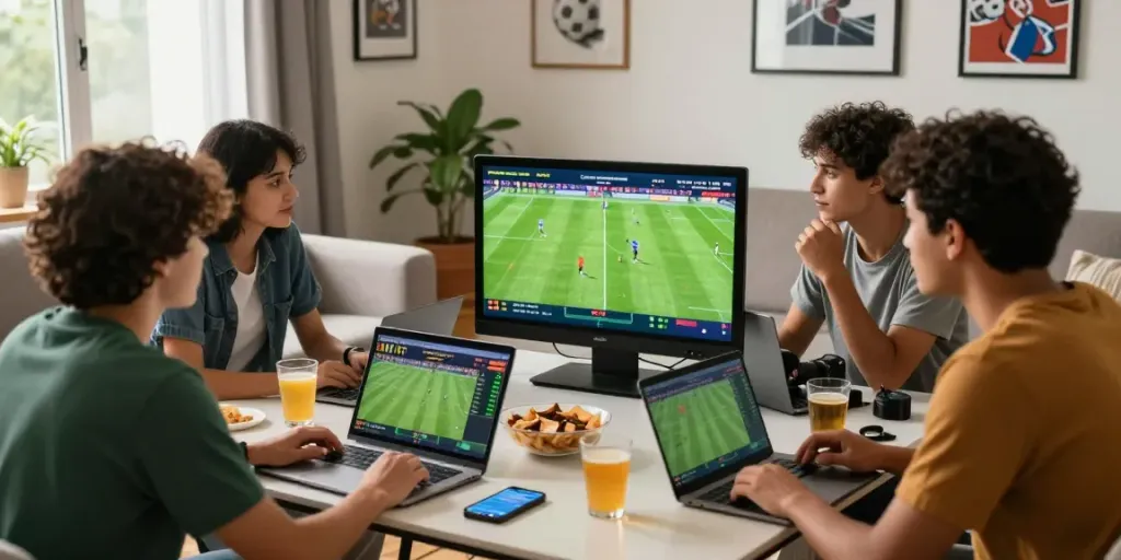Friends enjoying a thrilling Taruhan Bola DewaGG experience while watching live football.