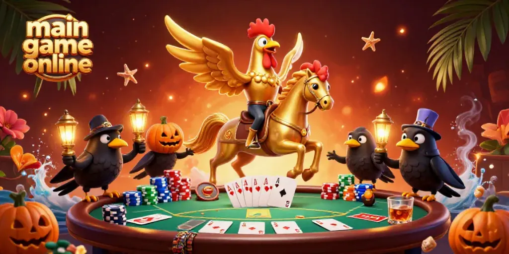 Experience an engaging main game online scene with a golden rooster and whimsical crow companions in a vibrant casino atmosphere.