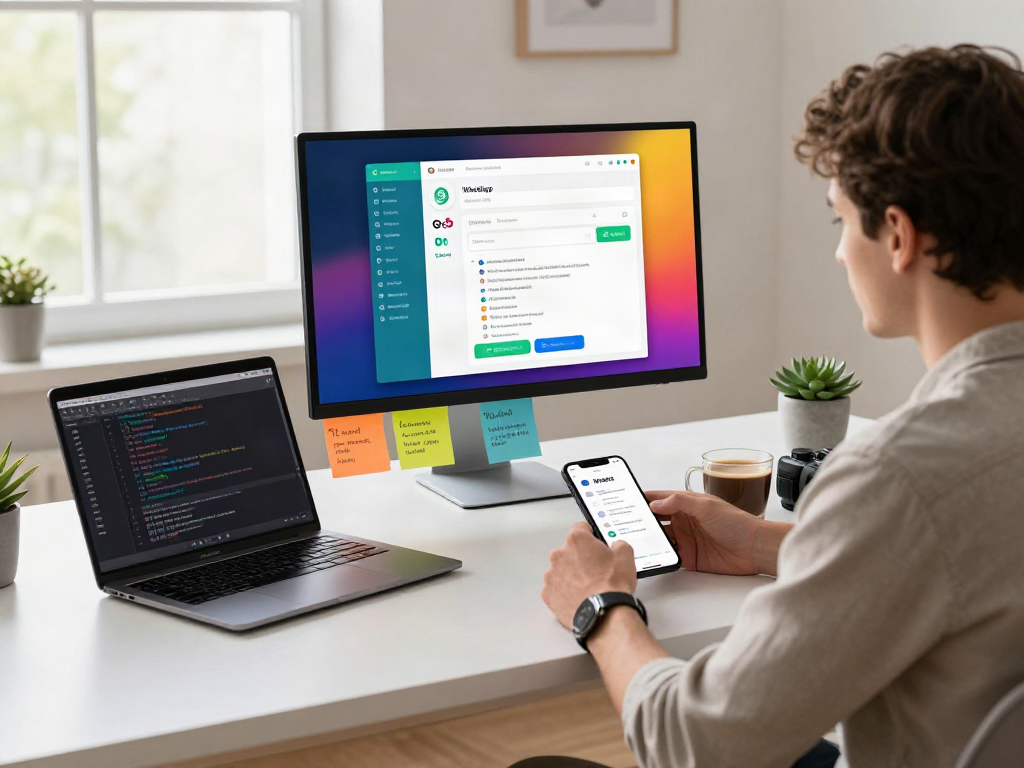 Developer working on the gb whatsapp interface at a modern tech workspace with vibrant colors and engaging tools.