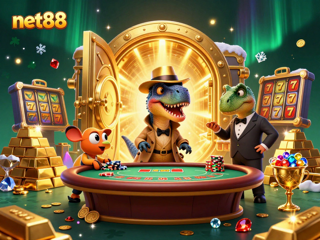 Experience the thrilling energy of net88 with cartoon dinosaurs engaging in casino action amidst gold treasures.