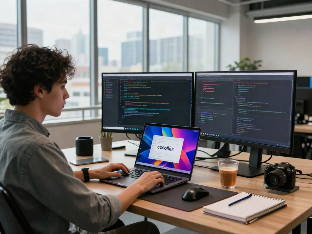 Developer coding with cocoflix apk interface on modern laptop in a tech workspace.