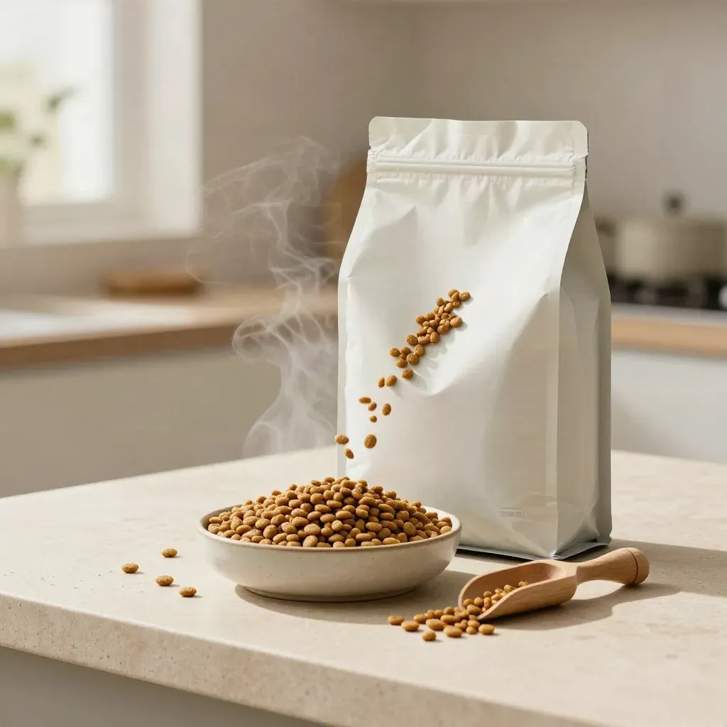 Chicken dry cat food bag pouring kibble into a bowl with scoop on cream stone.