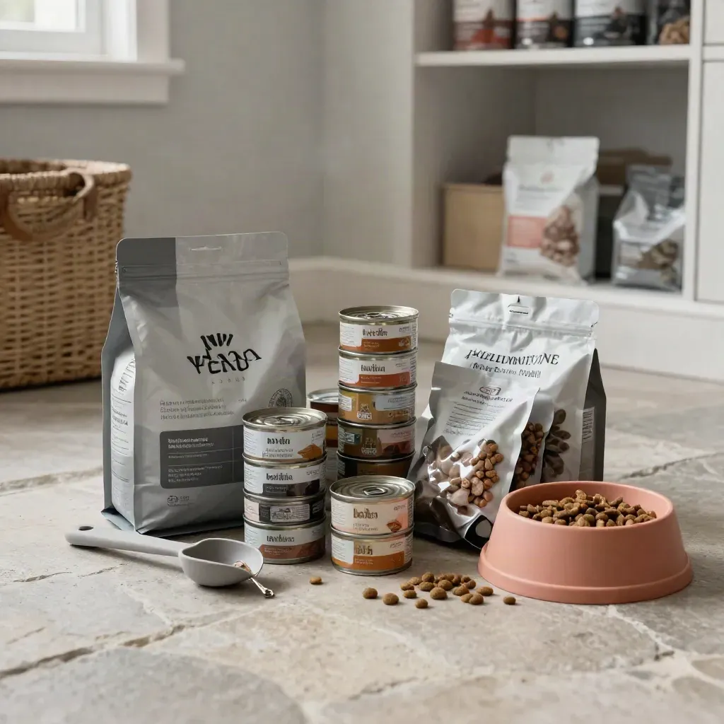Cat food stock-up bundle with bag, cans, treats and scoop on stone in moody pantry light