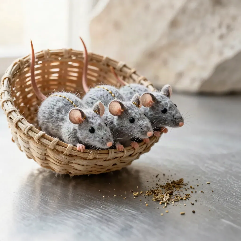 Macro of felt crinkle mouse toys tumbling from a basket with catnip crumbs on pewter.