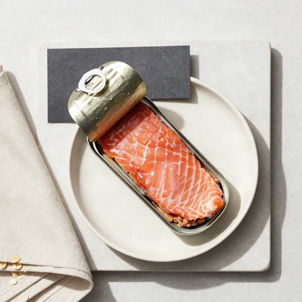 Overhead salmon wet cat food pack with opened can, dish, linen napkin, and charcoal card.