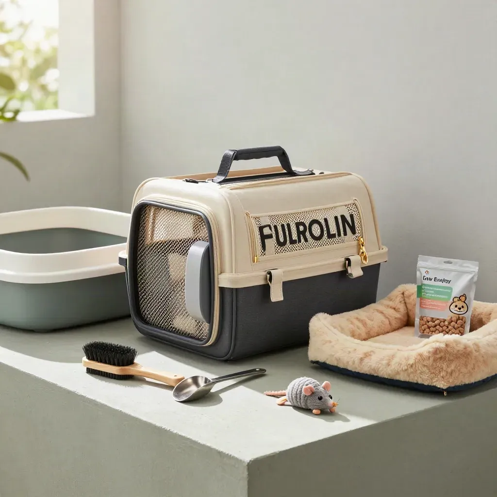 Indoor cat starter kit with carrier, litter box, bed, brush, scoop, toys, and dry food on pale stone.