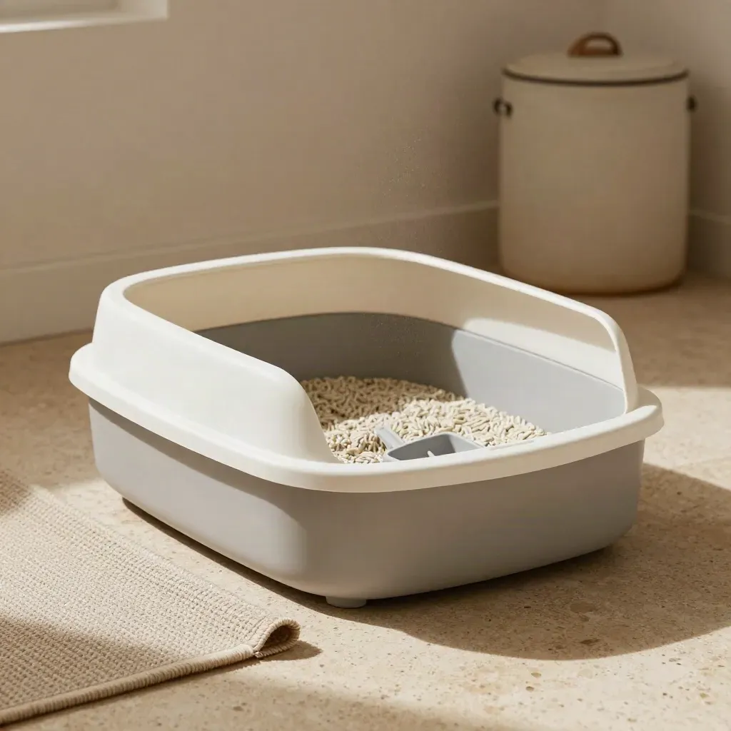Cream low-entry litter box with scoop and mat on travertine, lit softly in a clean studio set.