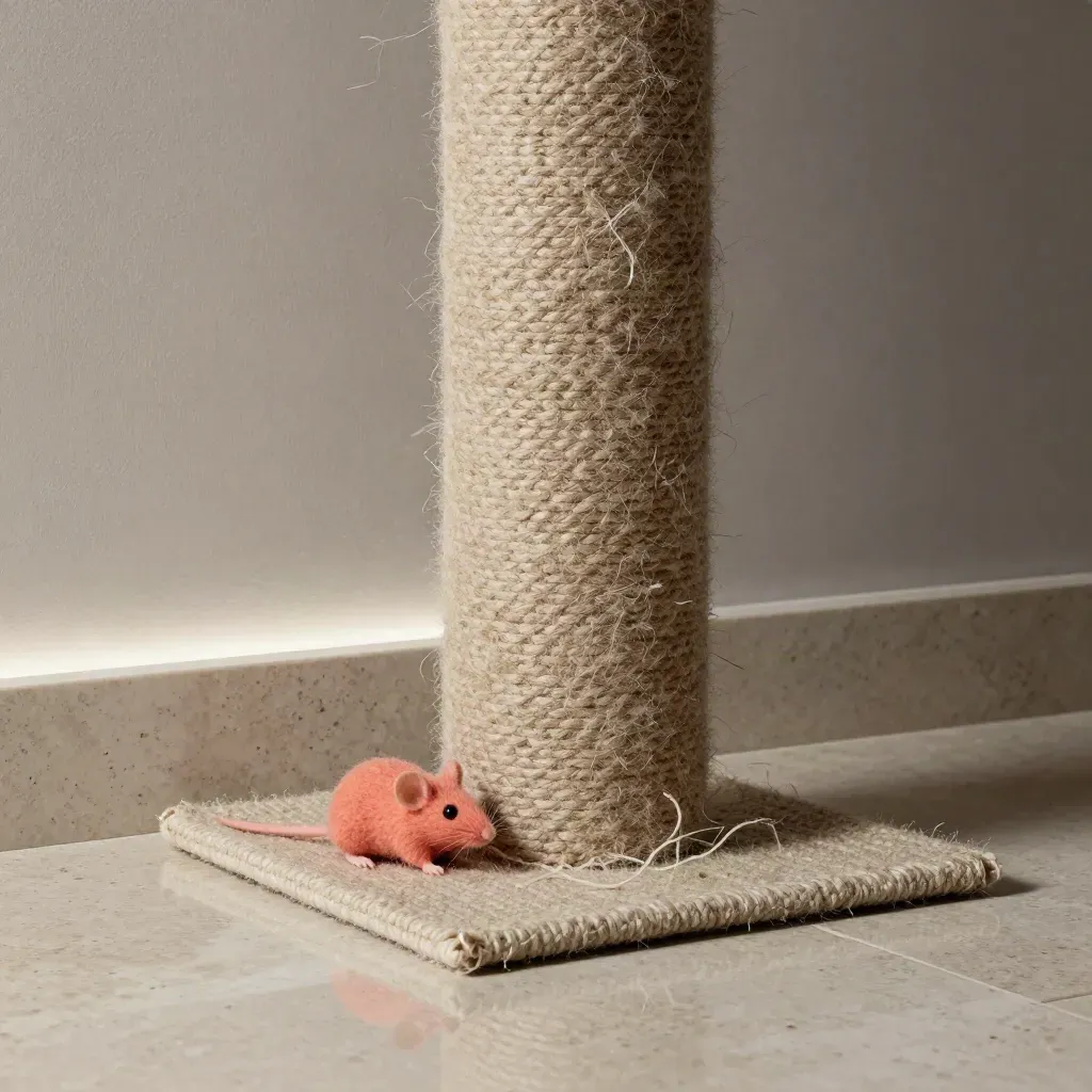 Carpet scratch post with sisal fibers, mouse toy, and loose threads on travertine.
