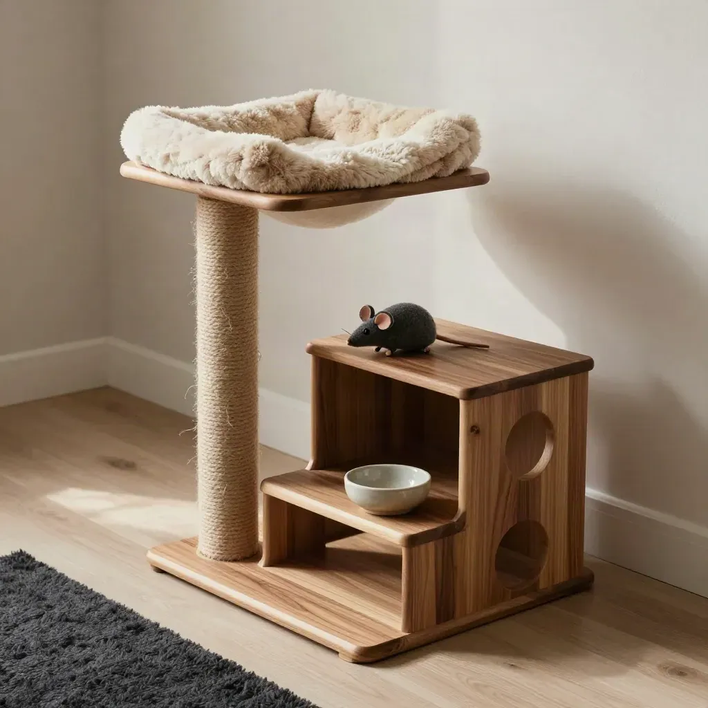 Wood cat tree condo with throw, toy and bowl in a sunlit modern living room corner