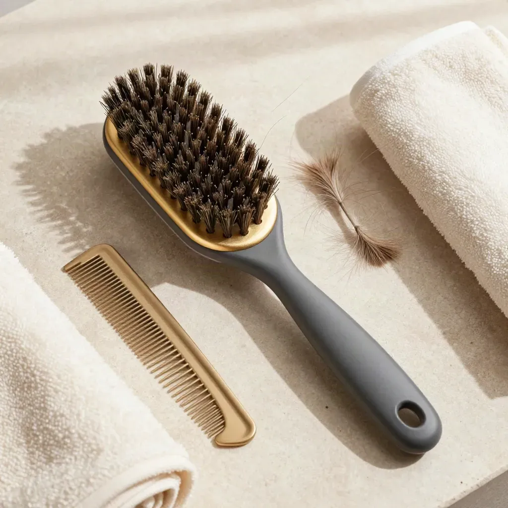 Overhead flatlay of a slicker brush, comb, towel and brushed fur on pale stone.