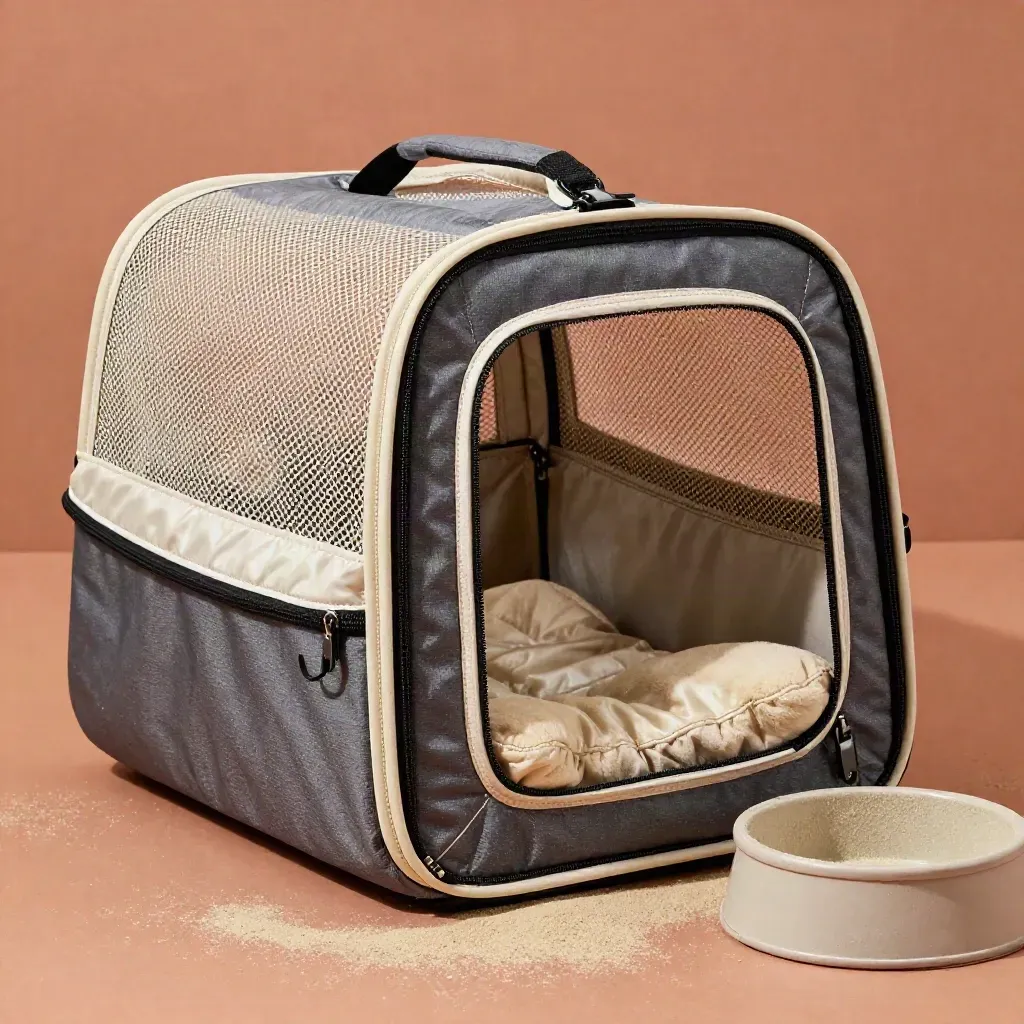 Half-zipped soft cat carrier with fleece pad and bowl on terracotta clay