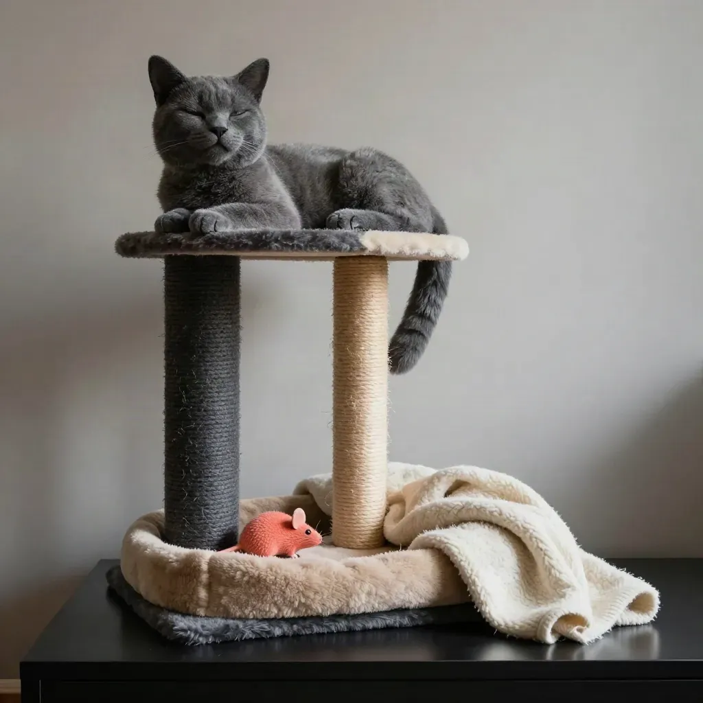 Cat tree bundle with soft bed, scratch post, toy mouse, and wool throw