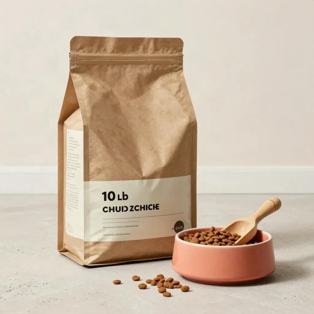 Dry cat food bag with bowl, scoop and kibble scatter on pale concrete, studio-lit with coral accents