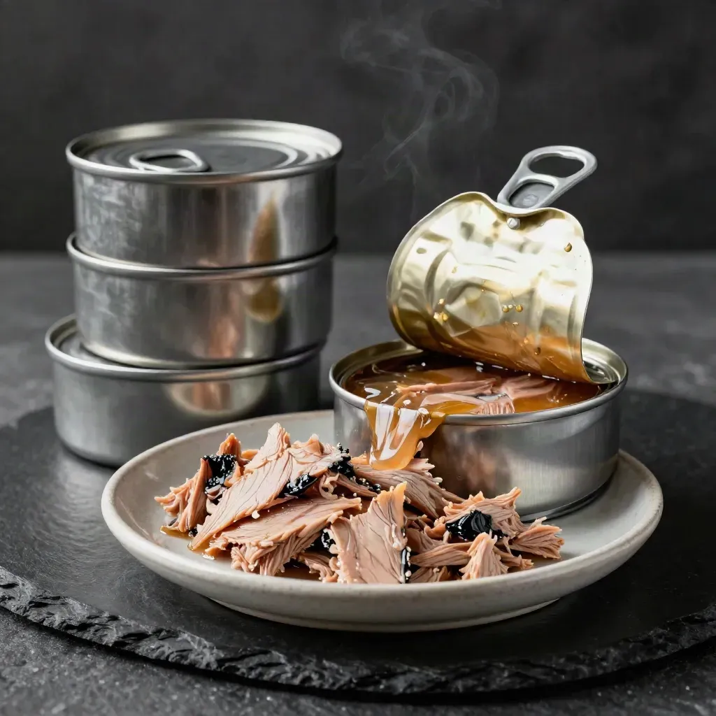 Opened tuna flake wet food can with a glossy dish and stacked cans on a matte-black surface.