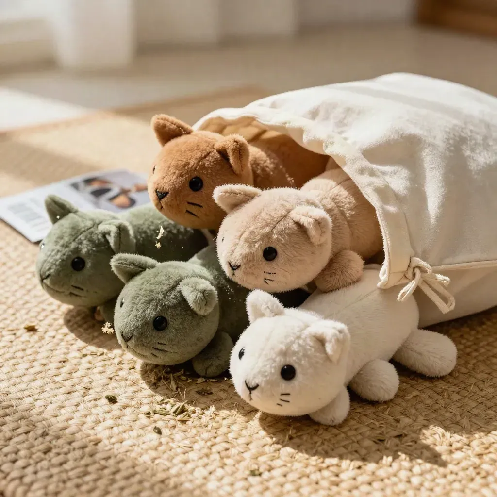 Four catnip plush toys with a linen pouch and scattered catnip leaves on a woven mat