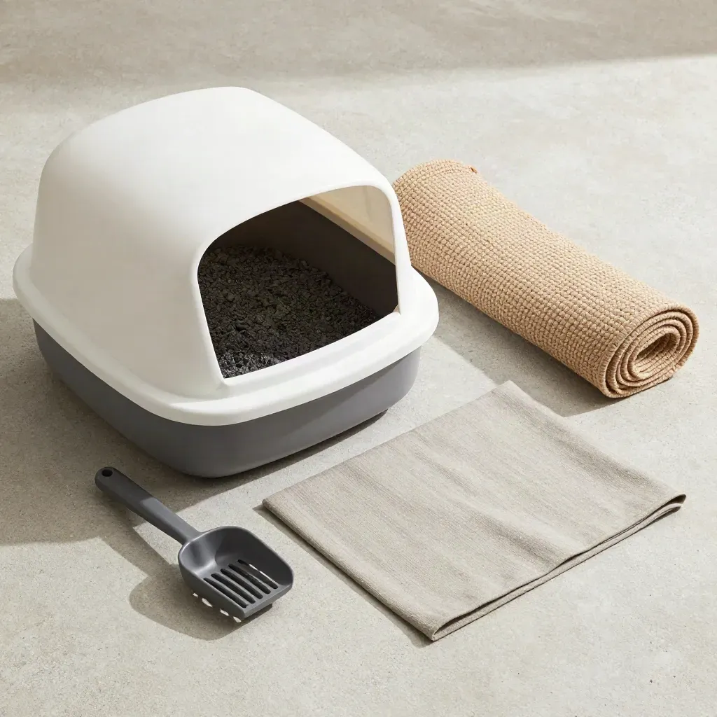 Charcoal covered litter box, lid open, scoop, mat and rolled rug on pale concrete.