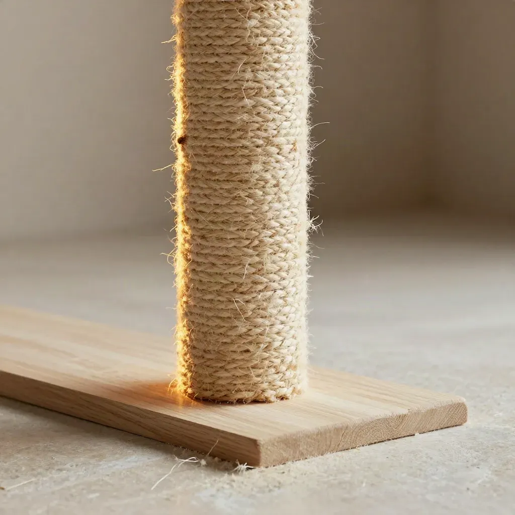Macro close view of a sisal cat scratch post with rope loop and wood base on stone floor