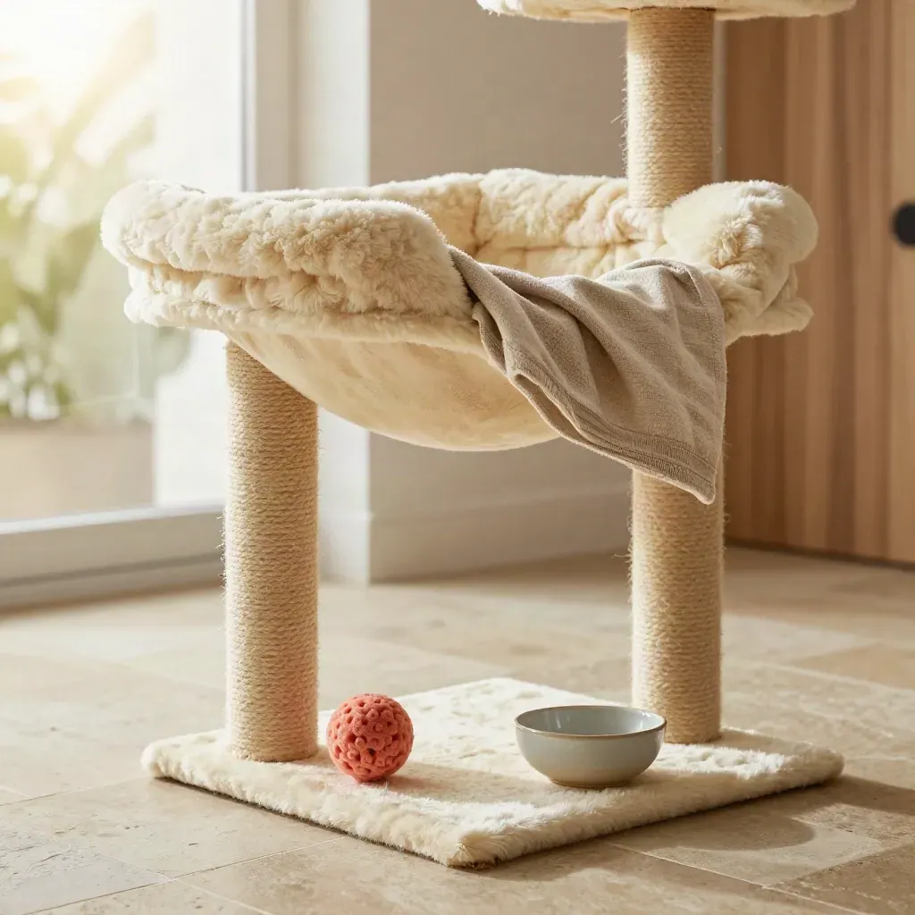 Two-tier cat tree with linen drape, rounded perches and coral accent on a limestone floor