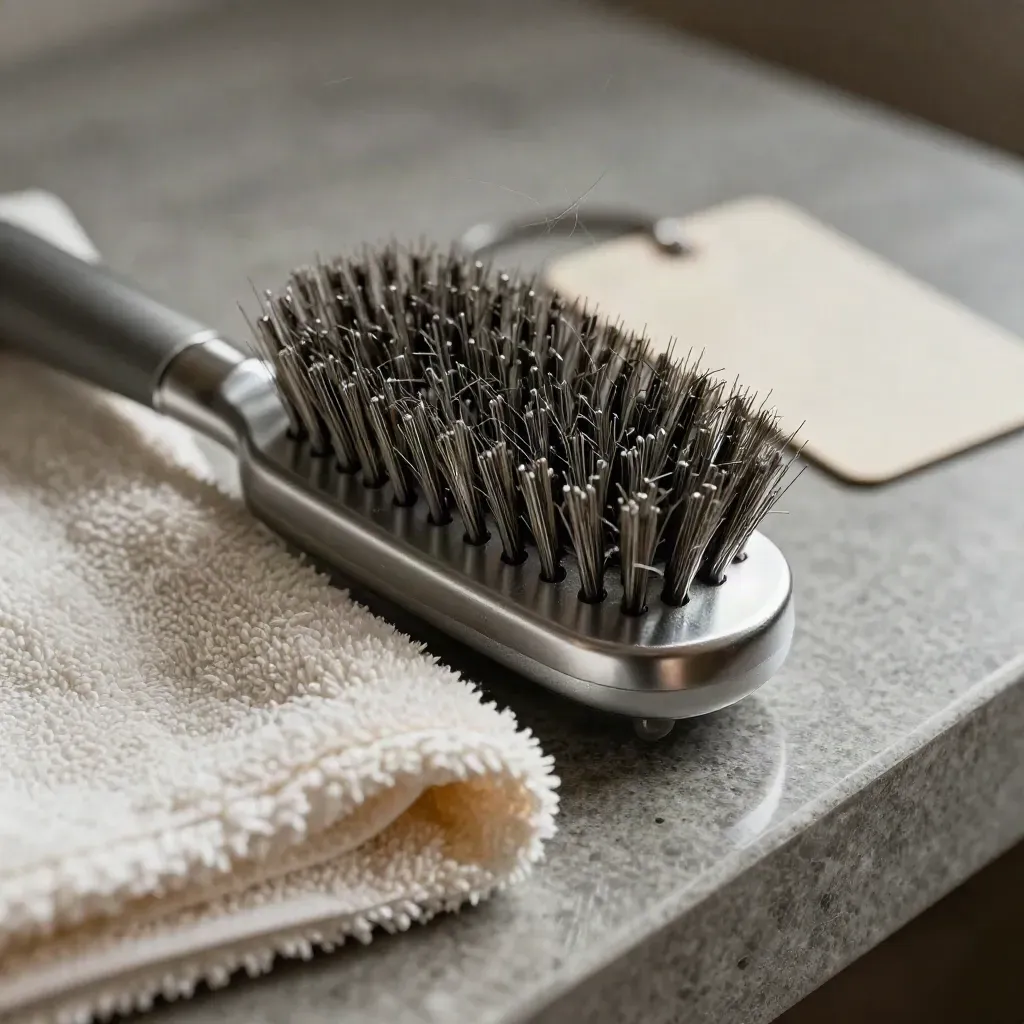 Macro of a cat de-shedding brush with steel teeth, towel, and fur clump on stone bench.