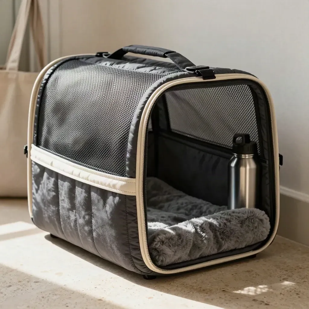 Charcoal padded cat carrier with mesh sides, fleece pad and water bottle on pale stone.
