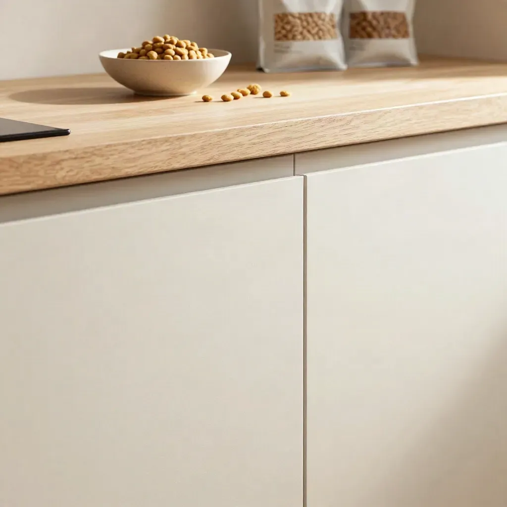 Pale oak ledge with blurred cat food bags and bowl, soft daylight, open copy space.